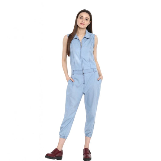 Indoraa Women's Denim Solid Sleeveless Jumpsuit (Blue)