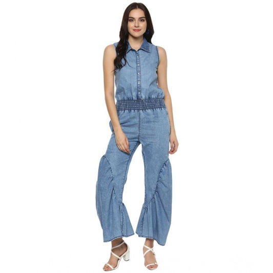 Indoraa Women's Denim Solid Sleeveless Jumpsuit (Blue)