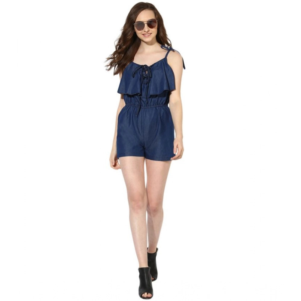 Indoraa Women's Denim Ruffled Shoulder Straps Jumpsuit (Blue)
