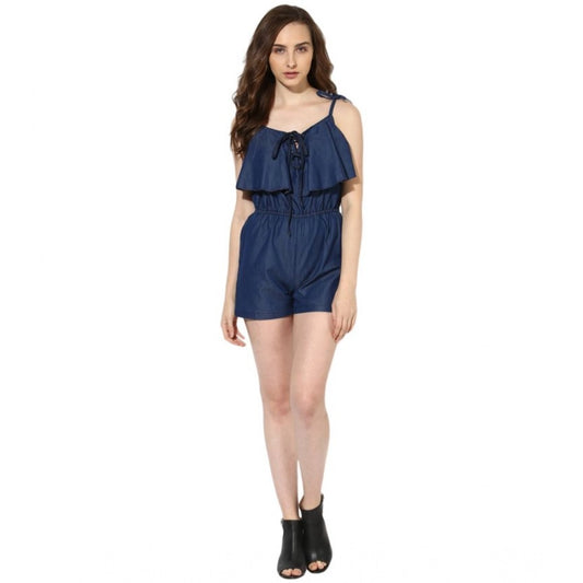 Indoraa Women's Denim Ruffled Shoulder Straps Jumpsuit (Blue)