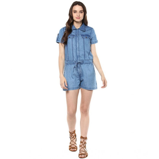 Indoraa Women's Denim Solid Short Sleeve Jumpsuit (Blue)