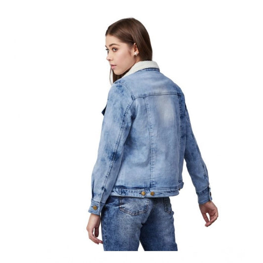Indoraa Women's Denim Washed Long Sleeve Jacket (Blue)