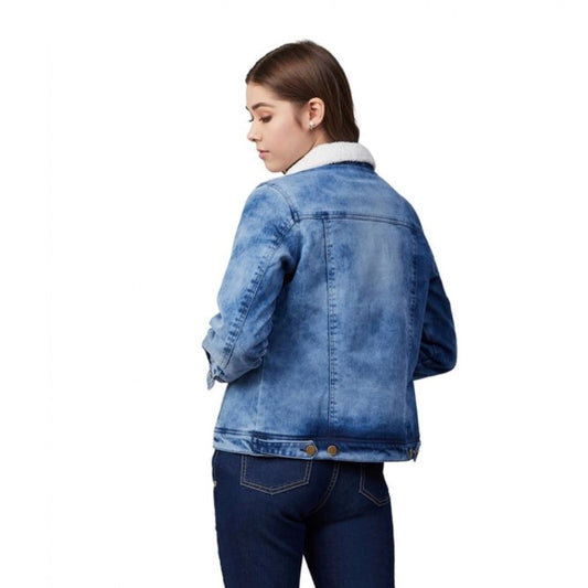 Indoraa Women's Denim Washed Long Sleeve Jacket (Blue)