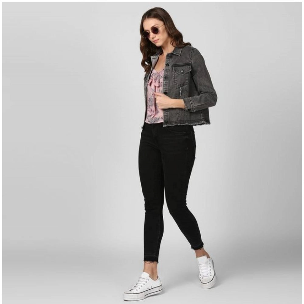 Indoraa Women's Denim Distressed Long Sleeve Jacket (Black)