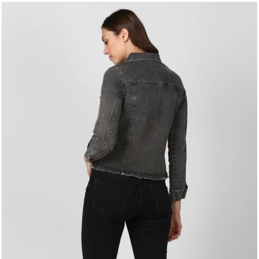 Indoraa Women's Denim Distressed Long Sleeve Jacket (Black)