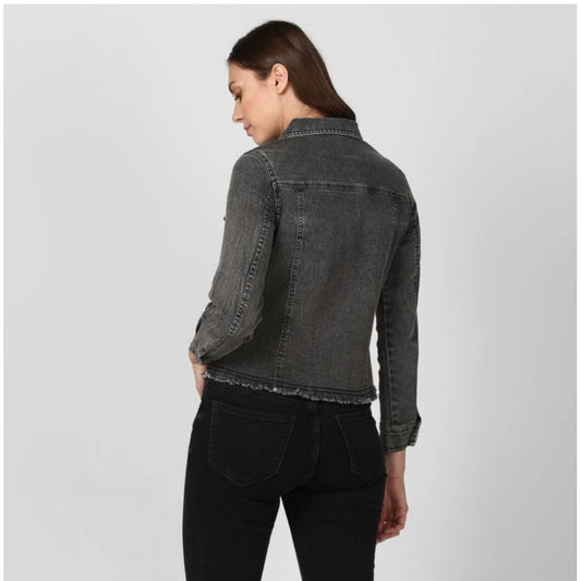 Indoraa Women's Denim Distressed Long Sleeve Jacket (Black)