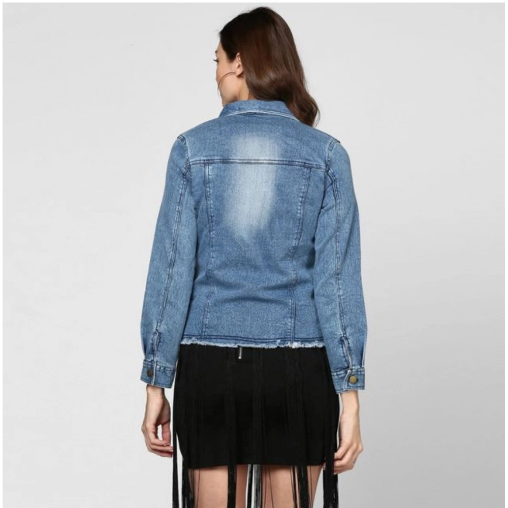 Indoraa Women's Denim Distressed Long Sleeve Jacket (Blue)