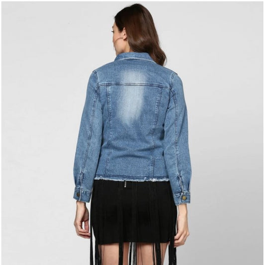 Indoraa Women's Denim Distressed Long Sleeve Jacket (Blue)