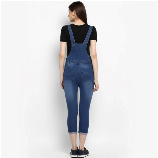 Indoraa Women's Denim Solid Dungaree Pant (Blue)