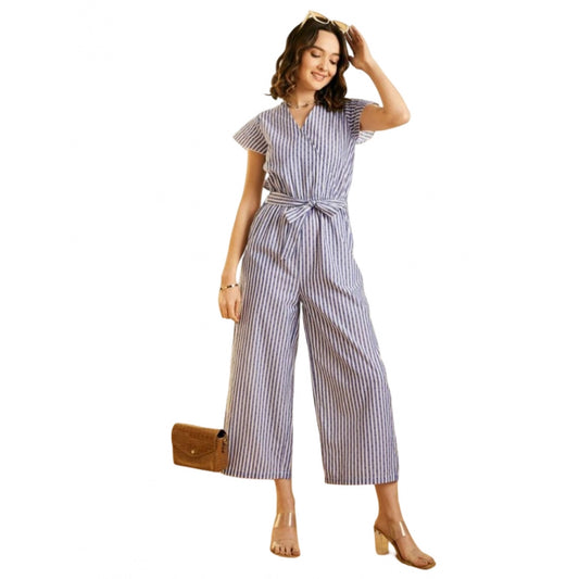 Indoraa Women's Cotton Chambray Striped Short Sleeve Jumpsuit (Blue)