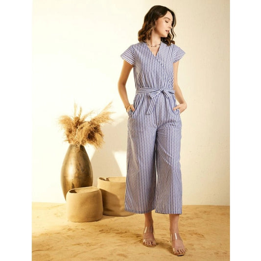 Indoraa Women's Cotton Chambray Striped Short Sleeve Jumpsuit (Blue)