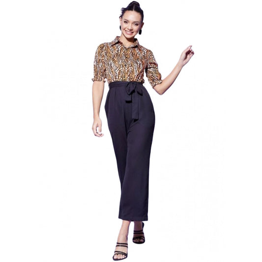 Indoraa Women's Polyester Animal Print Half Sleeve Jumpsuit (Orange - Black)
