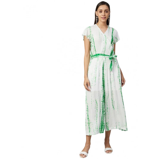 Indoraa Women's Rayon Striped Short Sleeve Jumpsuit (Green - White)