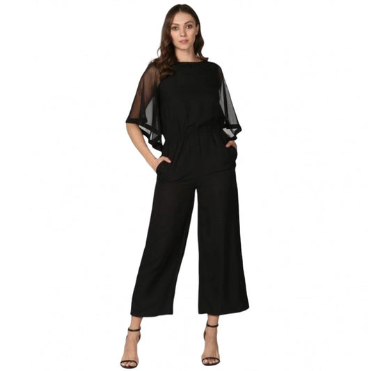 Indoraa Women's Polyester Solid Half Sleeve Jumpsuit (Black)