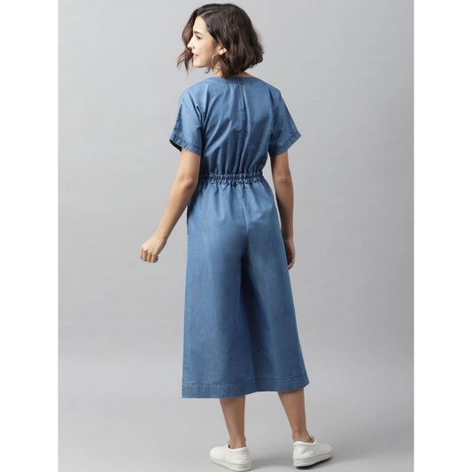 Indoraa Women's Denim Solid Half Sleeve Jumpsuit (Blue)