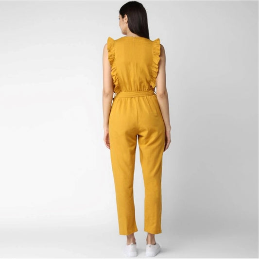 Indoraa Women's Cotton Linen Solid Sleeveless Jumpsuit (Yellow)