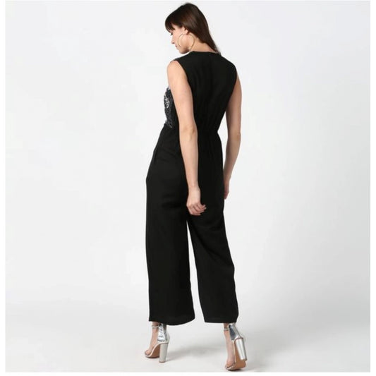 Indoraa Women's Polyester Embroidered Sleeveless Jumpsuit (Black)