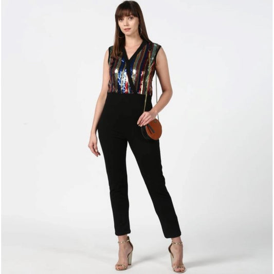 Indoraa Women's Polyester Embellished Sleeveless Jumpsuit (Black)