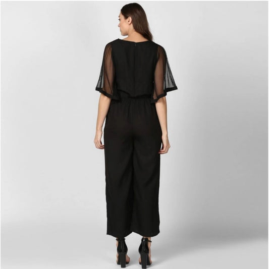 Indoraa Women's Polyester Solid Half Sleeve Jumpsuit (Black)
